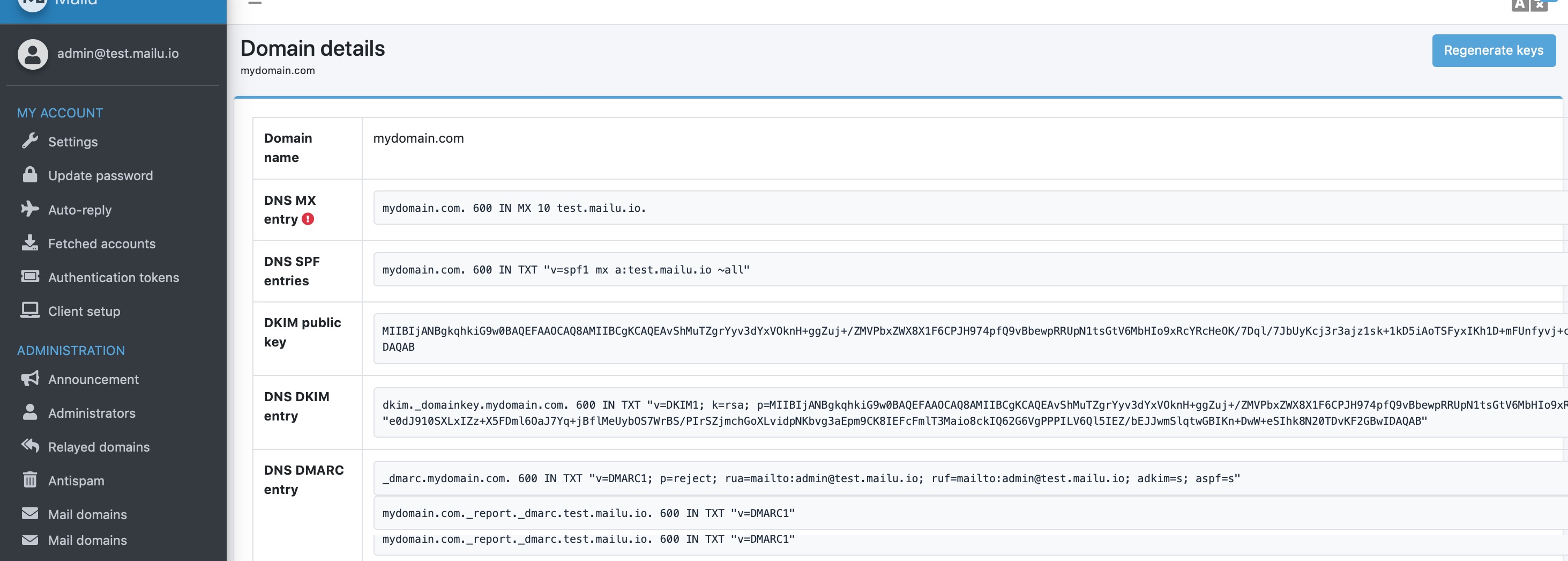 Mailu DKIM DNS Entries