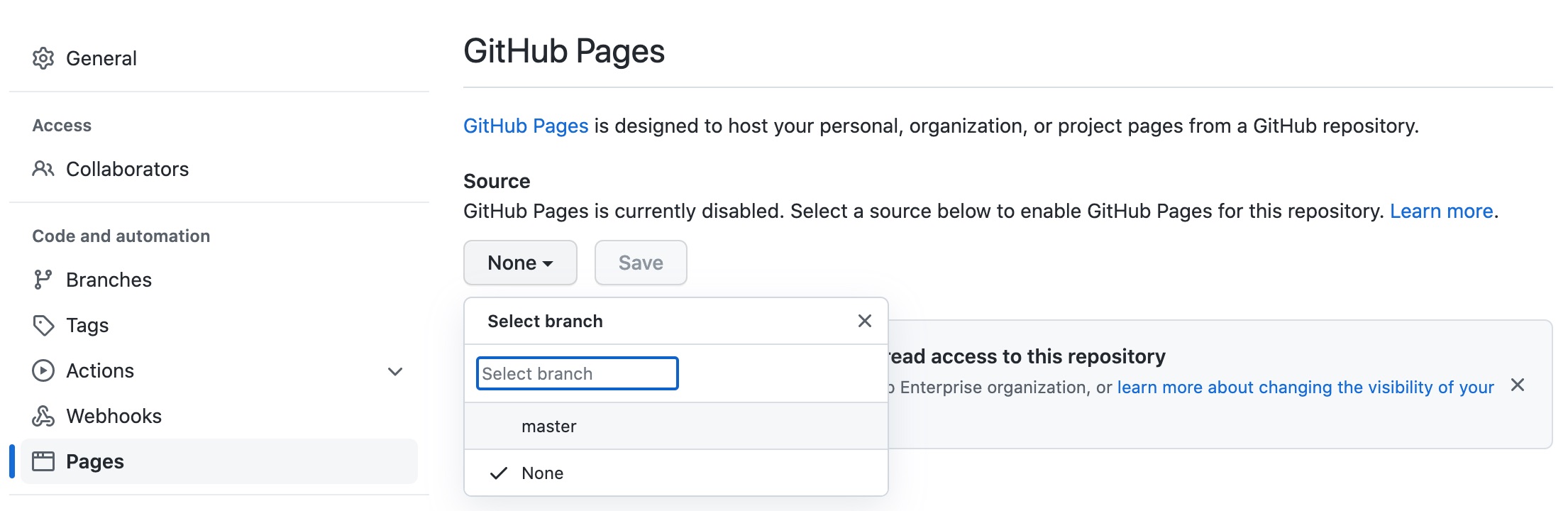 Pages setting in Github